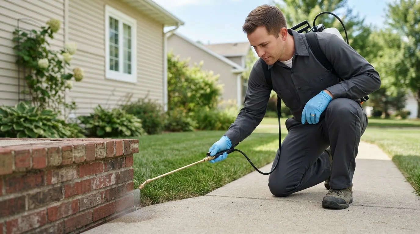 Pest control technician treating a home near New Era, MI