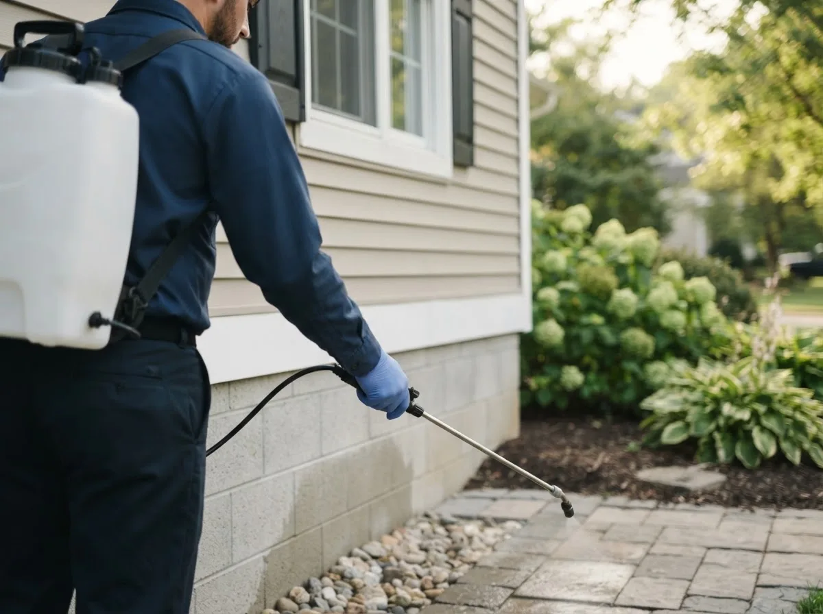 Pest control technician inspecting a home in New Era, MI